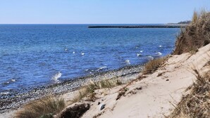A coastal scene with a sandy beach, a rocky shoreline, and a pier extending into the water. - VillaVilla 960 - Østersøbadet, Lolland/Falster/Møn (Rødby)
