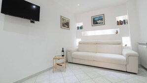 Uma sala de estar com televisão de tela plana, um sofá branco, uma mesinha de madeira com uma garrafa de vinho e um copo, e prateleiras na parede com livros e objetos decorativos.