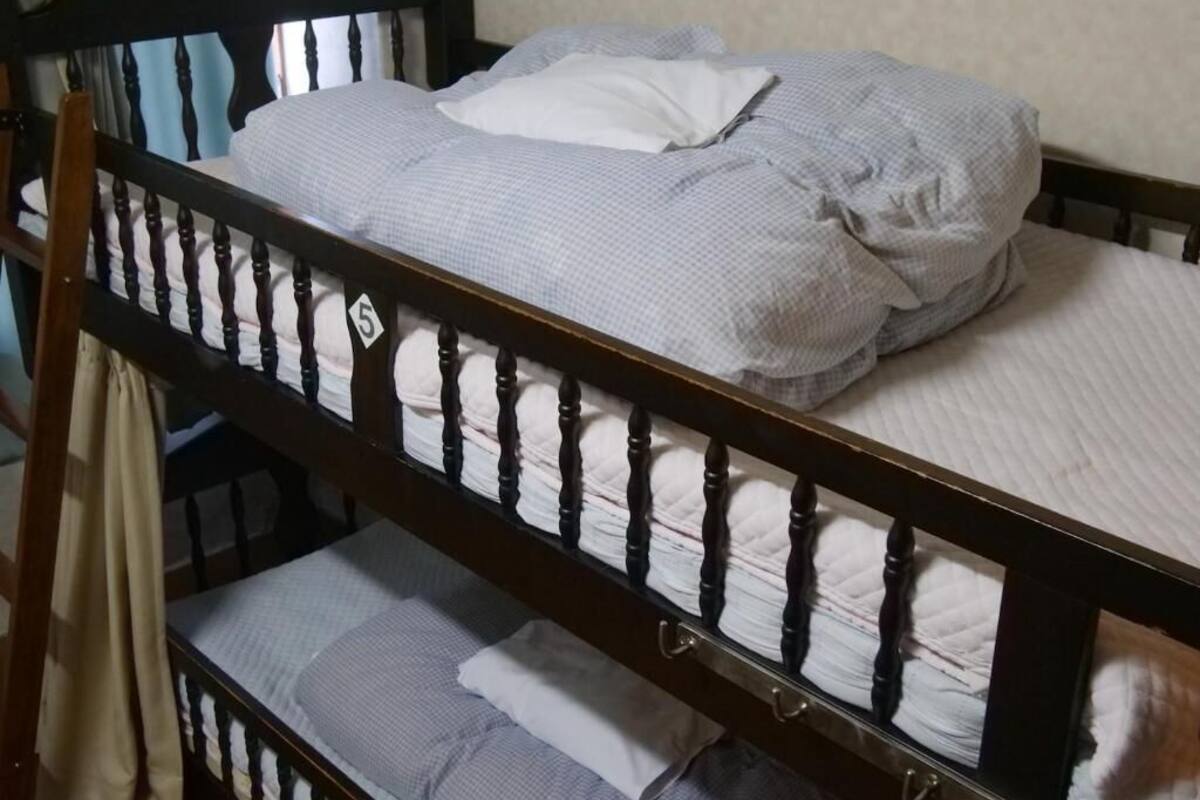 A bunk bed with a number '5' on the headboard, a white pillow, and a checkered blanket.
