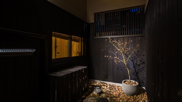Un espacio exterior oscuro con un árbol en maceta, un banco y una ventana con iluminación amarilla.