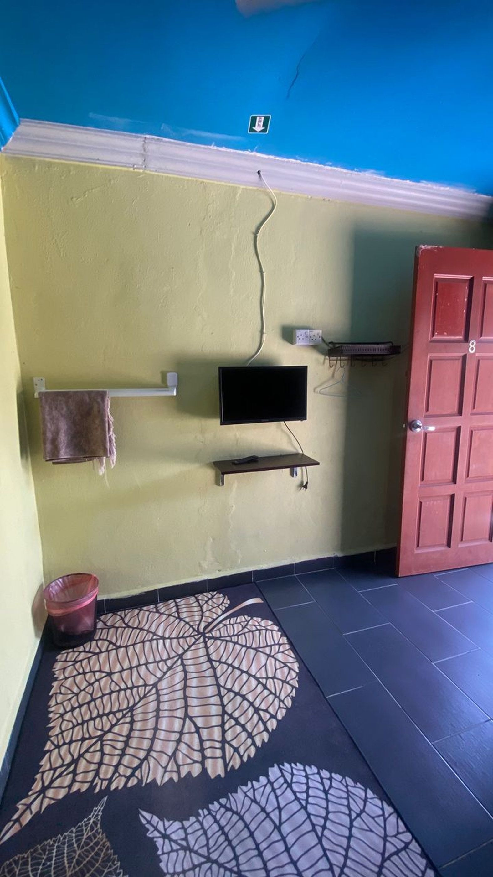 Une pièce avec un tél éviseur fixé au mur, une porte rouge et un sol à motifs.