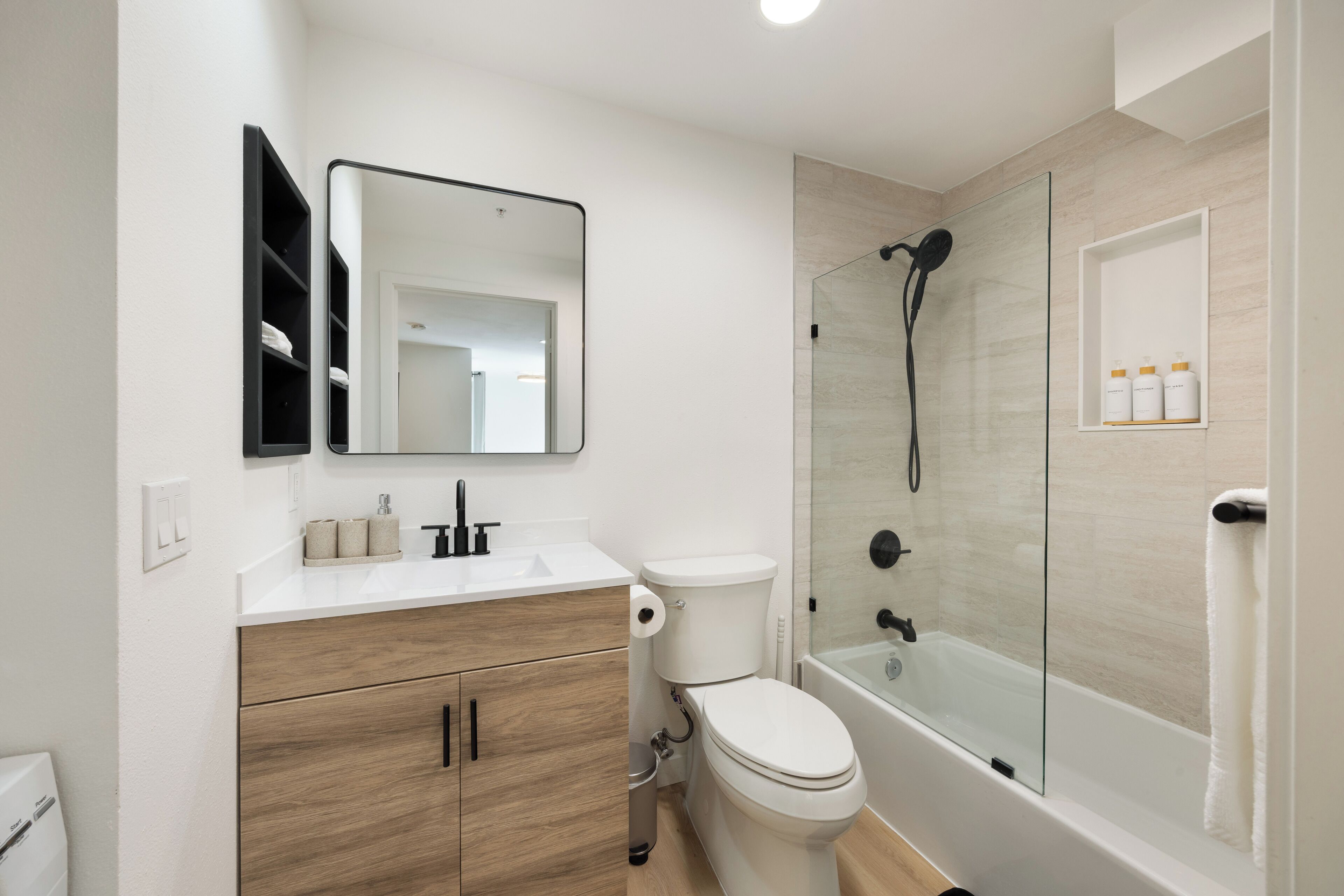Hair dryer, towels, soap, shampoo