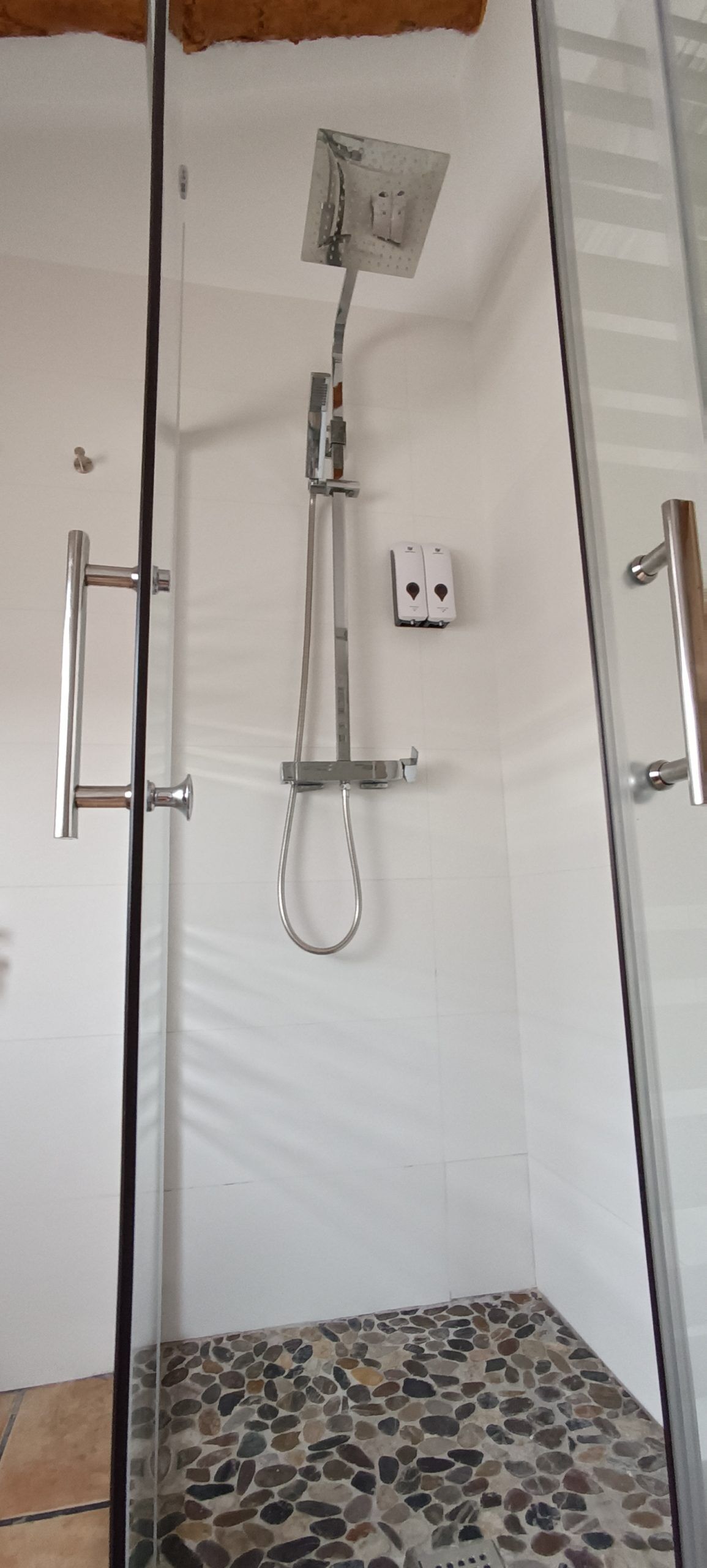 Une douche avec une porte en verre, un pommeau de douche à main et un panneau de commande fixé au mur.