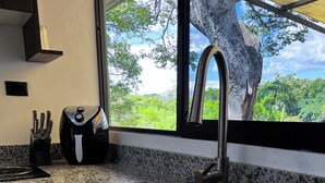 A kitchen with granite countertops, a stainless steel sink, and a window overlooking greenery. - Tropical Forest Experience with Hot Tub, AC & Terrace (Atenas)