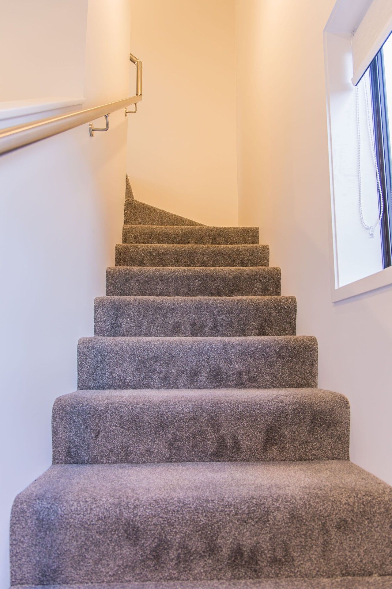 A staircase with carpeted steps and a metal handrail.