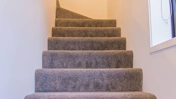 A staircase with carpeted steps and a metal handrail.