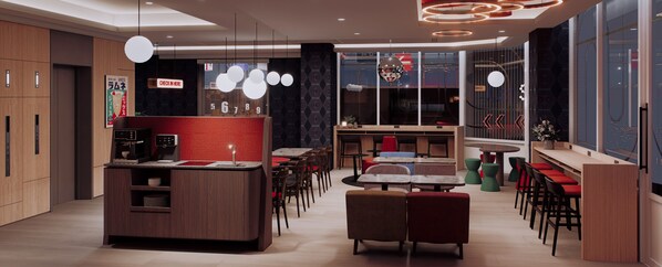 A modern restaurant with a bar area, multiple seating options, and a large window. - Just Sleep Taipei Zhongshan (Taipei)