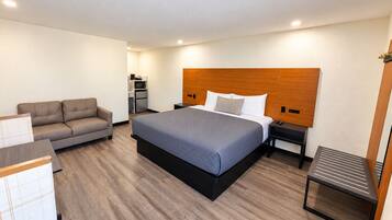Habitación de hotel con una cama grande, un sofá, un escritorio y una pequeña kitchenette.