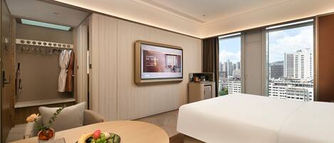 Habitación de hotel con cama, televisión, escritorio con frutero y baño con bata, además de vistas a la ciudad.