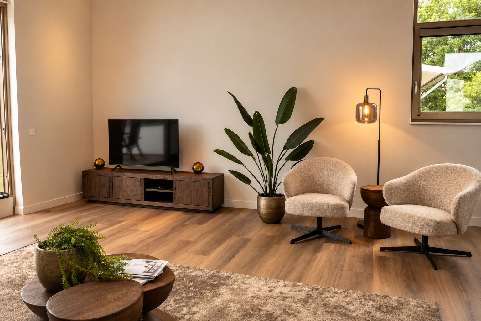 A modern living room with a flat-screen TV, two armchairs, a coffee table, a potted plant, and a floor lamp.