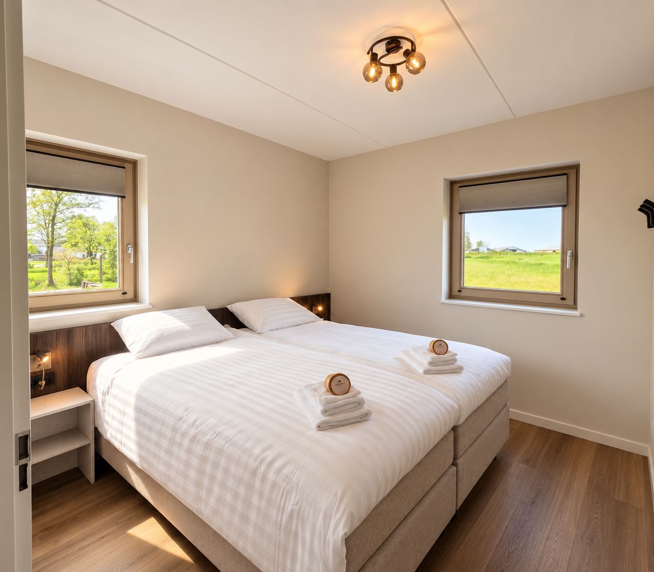 Una camera d'albergo con un letto grande, due comodini, una lampada da comodino, un lampadario e due finestre con vista sul verde.