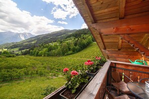 Een houten balkon met uitzicht op een wijngaard en bergen.