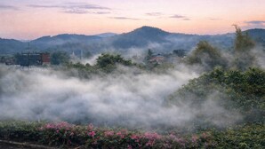A misty landscape with hills, a building, and some vegetation.