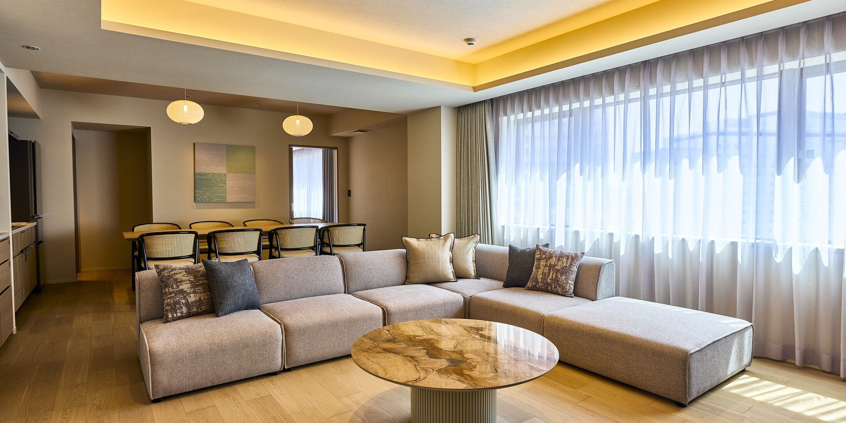 [A] 4 double beds / 98 sq. m. / Projector / Kitchen, Non Smoking | Living area