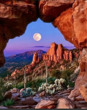 A natural rock formation with a moon in the sky. - Relaxing 5BR Tempe Home family pool moder home (Tempe)