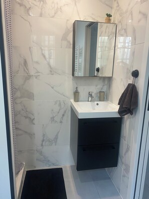 Secadora de cabello, toallas, jabón, papel de baño 