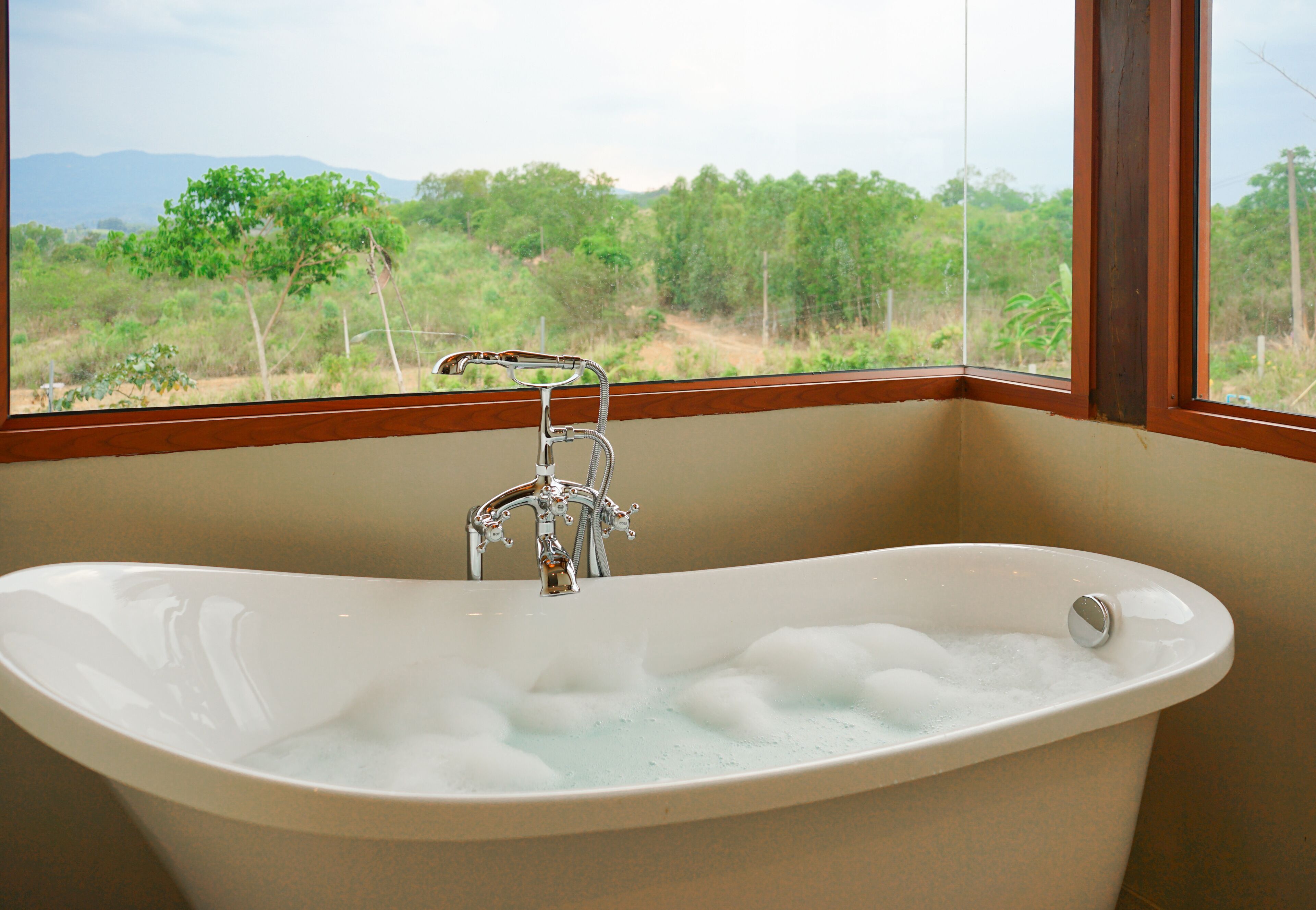 A bathtub with a view of a natural landscape through a window.