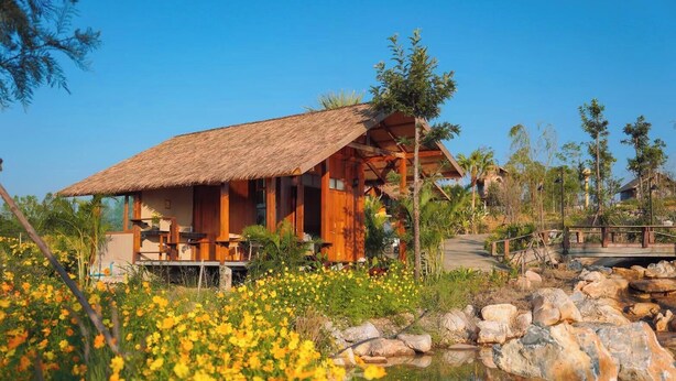 A rustic wooden cabin with a thatched roof, surrounded by a garden with yellow flowers and a small pond.