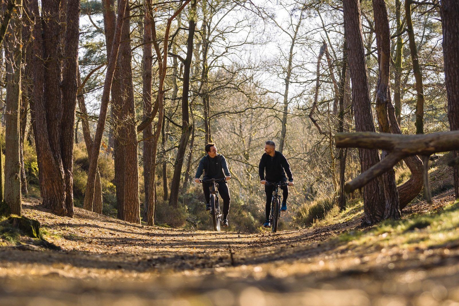 Two people cycling on a forest trail.