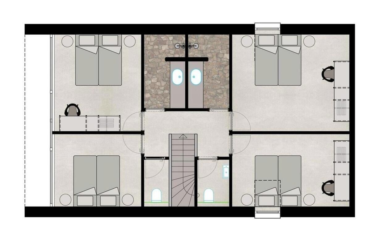 A floor plan of a hotel with four bedrooms, a bathroom, a kitchen, and a central area with a staircase.