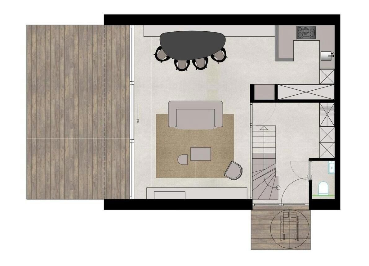 A floor plan with a dining area, a living room, a kitchen, a bathroom, and a staircase.
