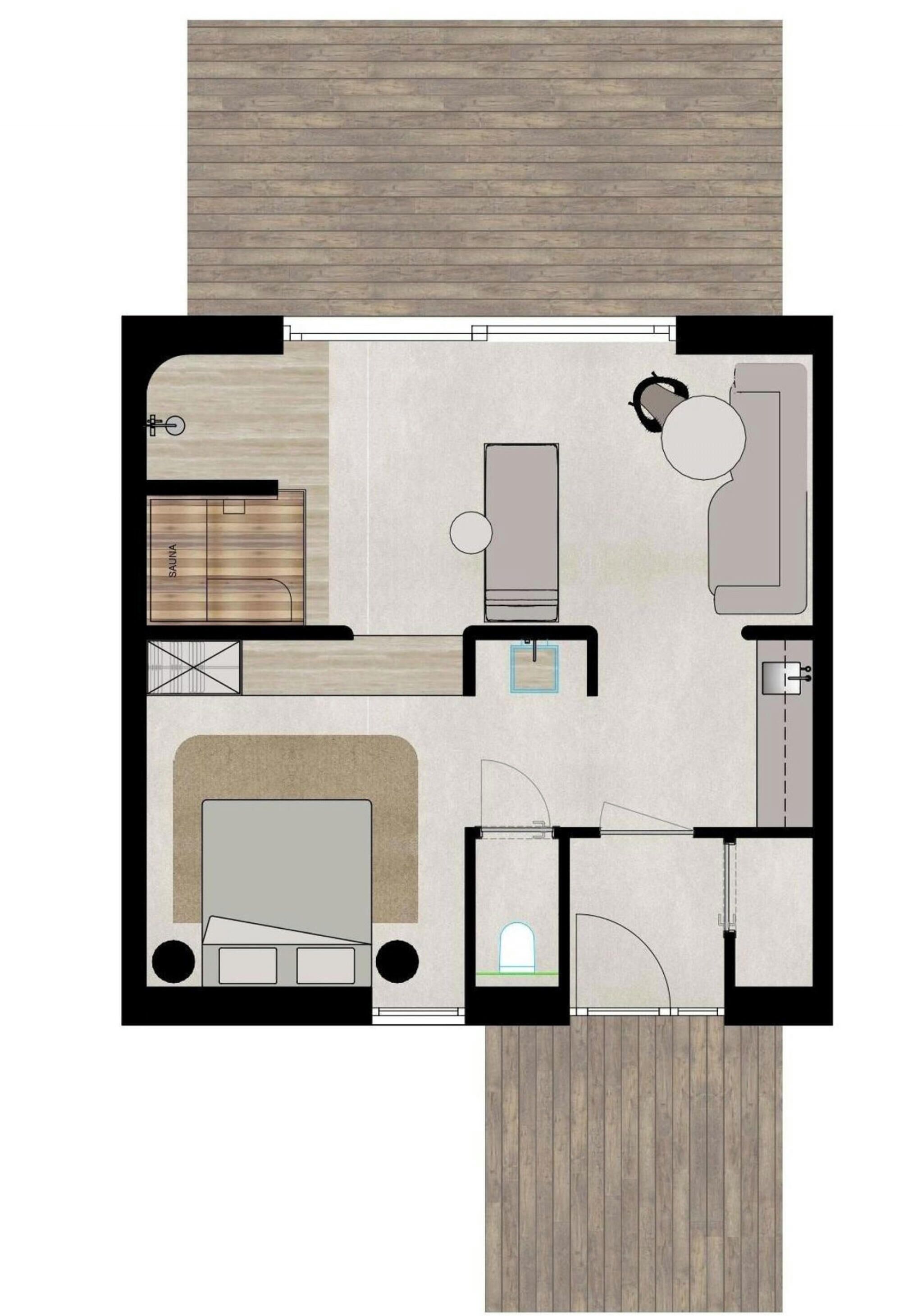 Plànol d'una habitació d'hotel que mostra un llit, una taula de treball, una cadira, un bany i una petita zona de seients.