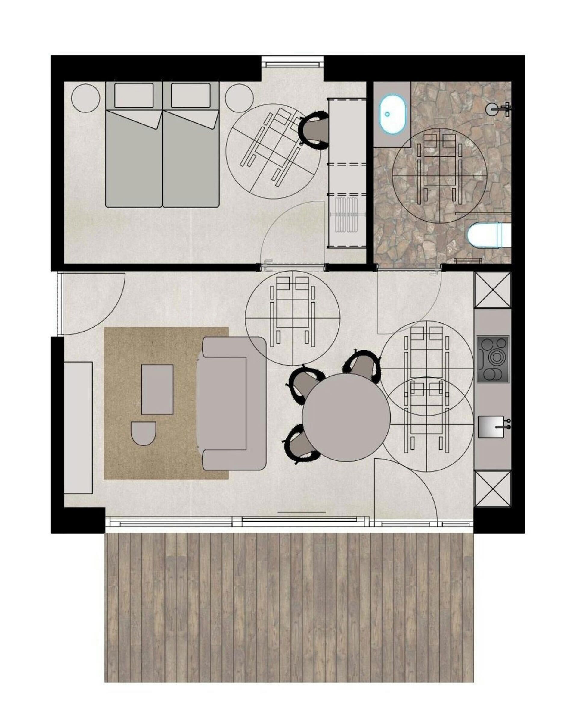 Un plan d’étage d’une chambre d’hôtel comprenant un lit, un coin salon avec une table et des chaises, une salle de bain et un coin cuisine.