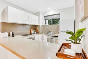 Una cocina moderna con armarios blancos, una isla central, lavavajillas integrado y una planta en maceta.