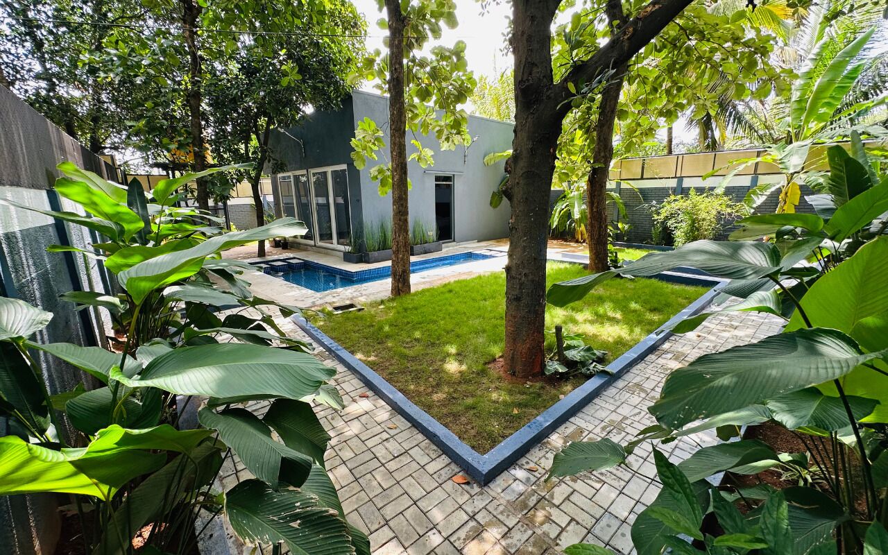 A modern house with a swimming pool, surrounded by lush greenery and a paved patio.