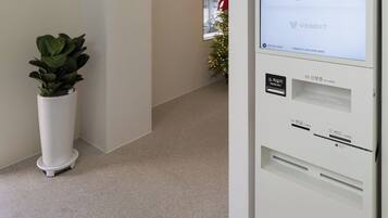 A hallway with a vending machine, a potted plant, and a Christmas tree.