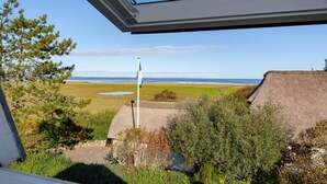 Blick aus einem Fenster auf eine Küstenlandschaft mit einem Grasfeld, einer Flagge und einem Gebäude mit Strohdach.