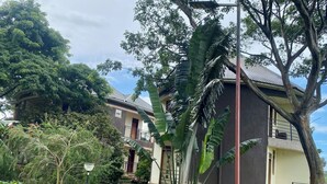 Una zona residencial con un camino que lleva a una casa con balcón.