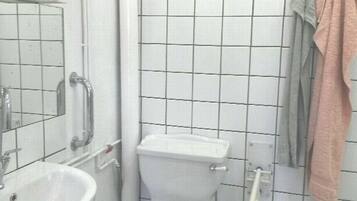 Shower, towels, soap, toilet paper
