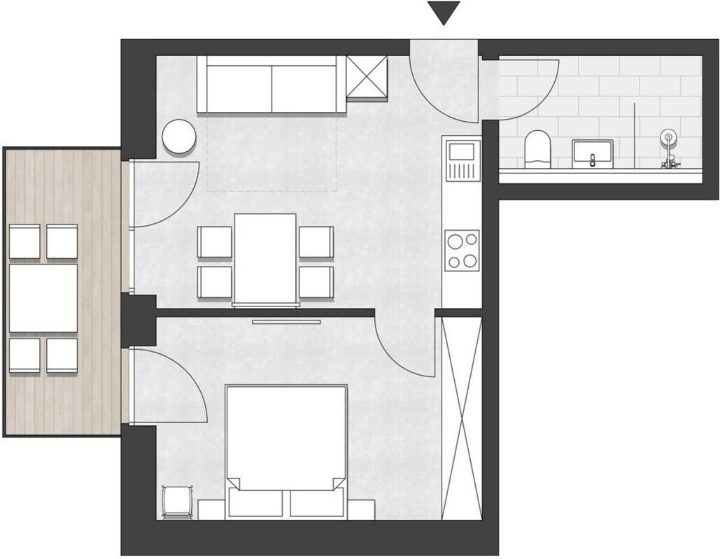 A floor plan of a hotel room with a bed, a desk, a chair, a small table, and a bathroom with a toilet and sink.