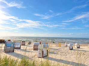 Ein Strand mit mehreren Strandkörben und freiem Blick auf den Ozean.