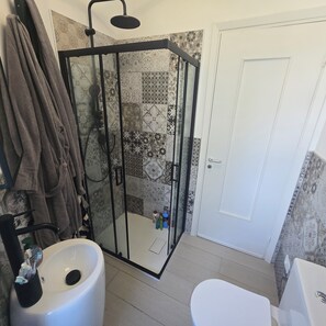 Hair dryer, towels, soap, toilet paper