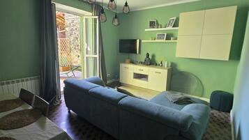 A room with a sofa, a TV, a cabinet, and a window.