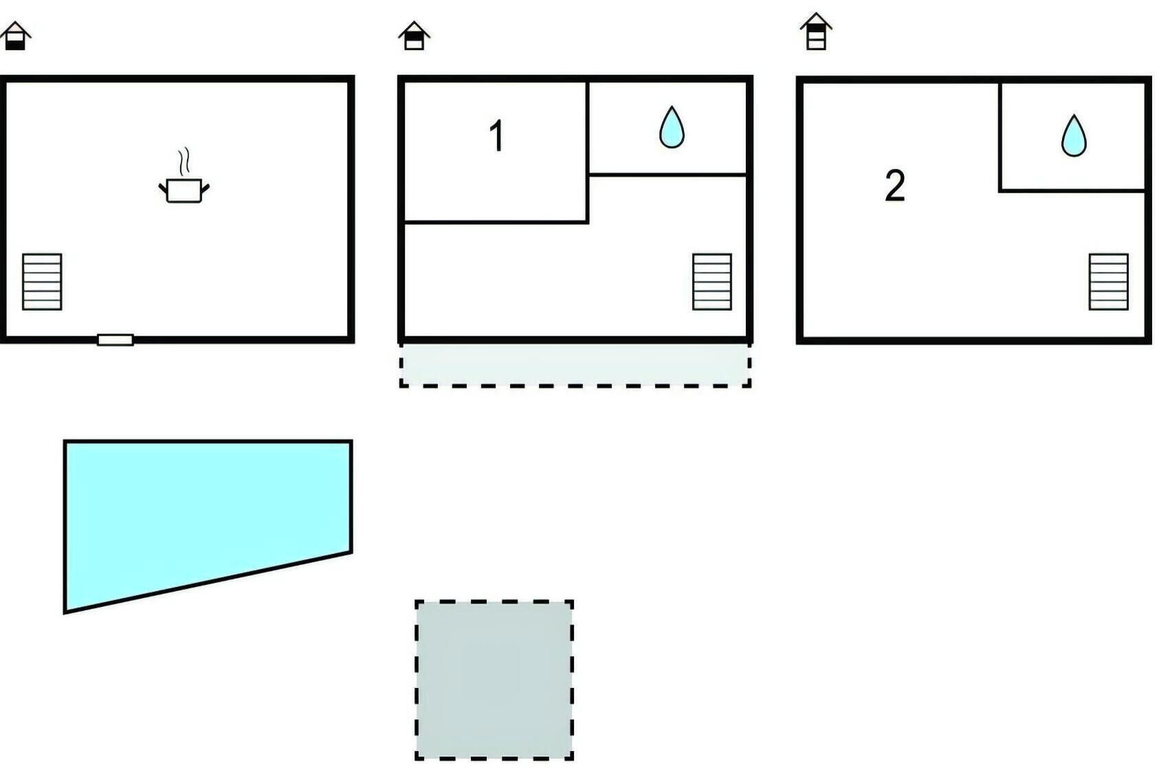 Three rooms with a kitchen, a bathroom, and a shower area.