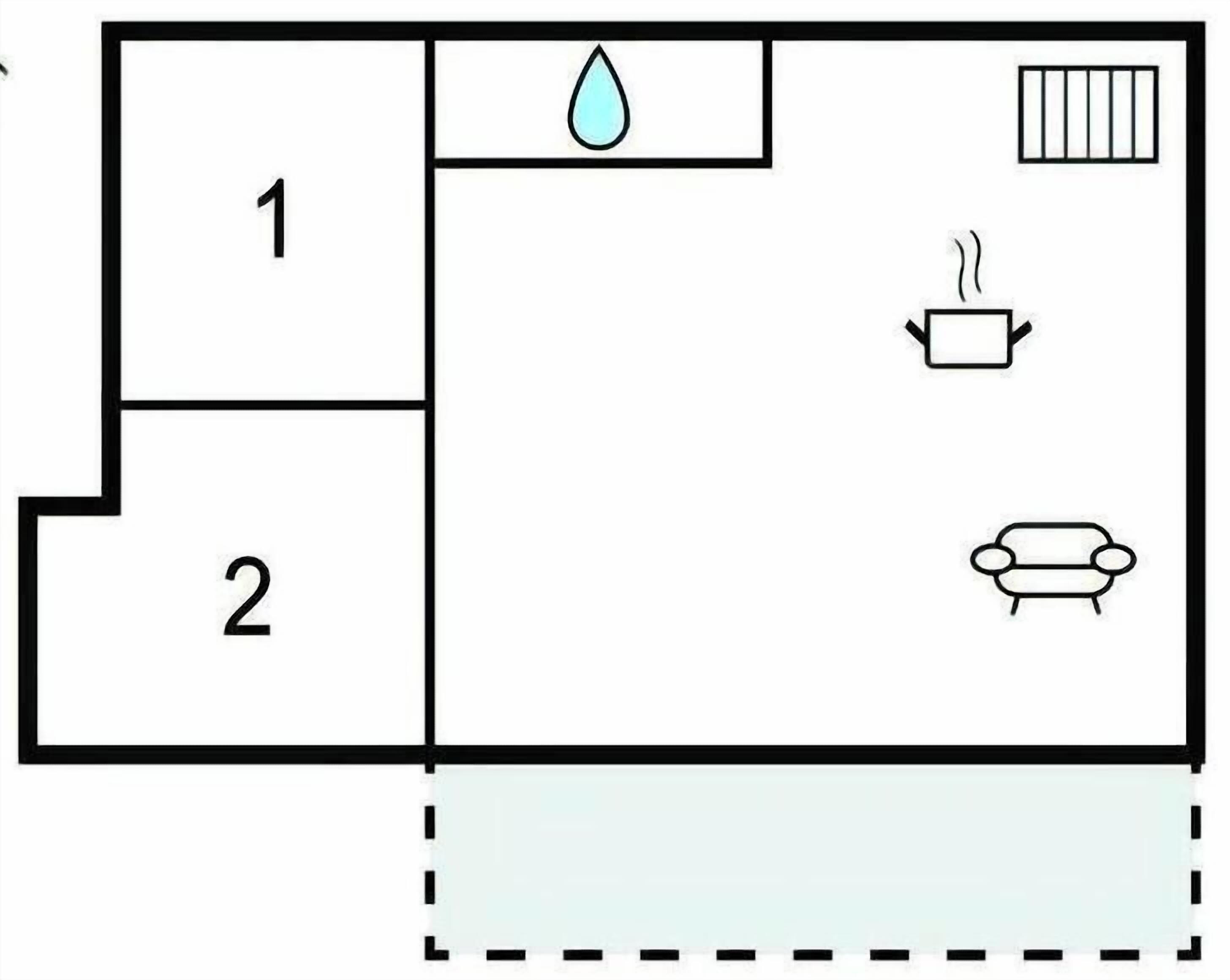 Plano de distribución con dos habitaciones, un baño, un radiador y un lavabo.