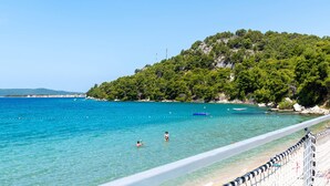 Una zona costera con agua azul cristalina, una playa y una colina cubierta de vegetación densa.