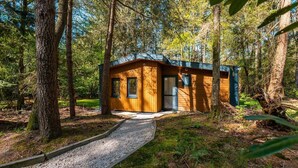 En stuga byggd av trä, med en grusgång som leder fram till ingången, omgiven av träd.