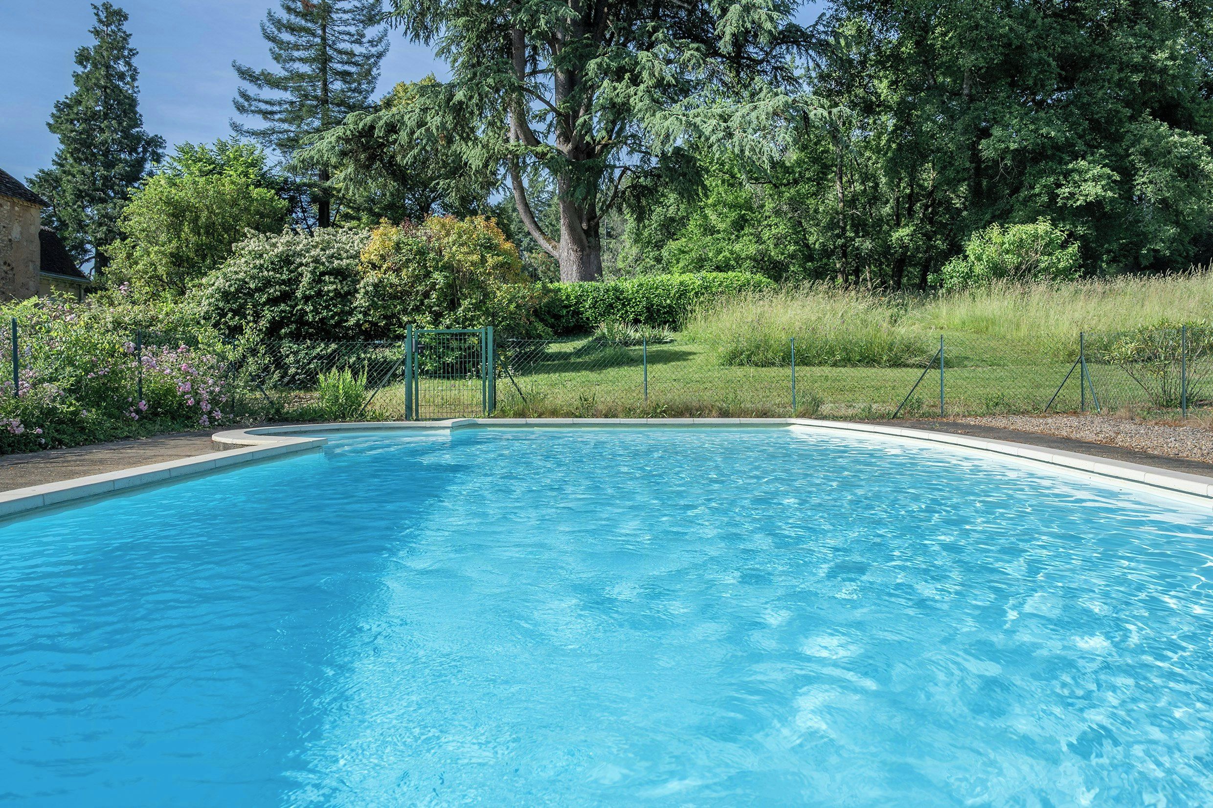 A rectangular swimming pool with a clear blue water surface, surrounded by a low fence and lush greenery including trees and shrubs.
