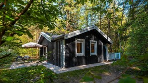A wooden cabin with a porch, two windows, and a small outdoor seating area with a table and chairs. - De Wiltzangh - Houtenborg Lodge | 4p (Ruinen)