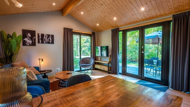 Ein modernes Wohnzimmer mit Holzboden, großen Schiebeg lass-Türen, einem Fernseher und einem Essbereich.