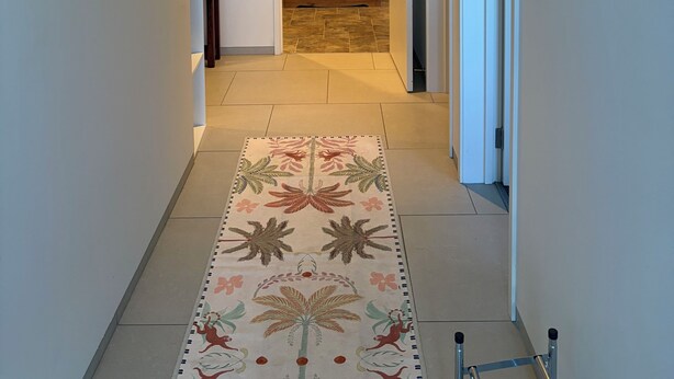 A hallway with a patterned rug, a wooden cabinet, and a framed artwork on the wall.