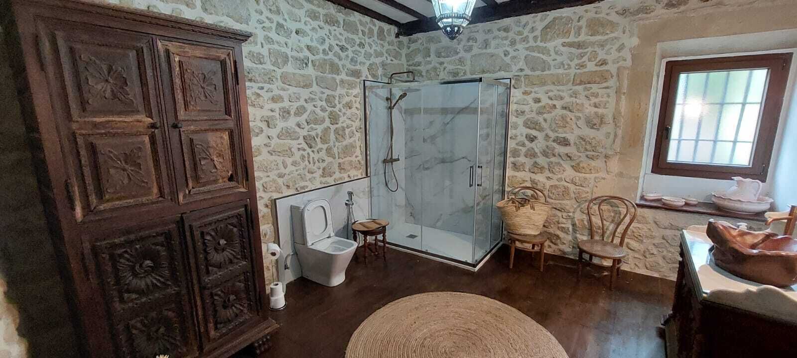 Shower, hair dryer, bidet, towels