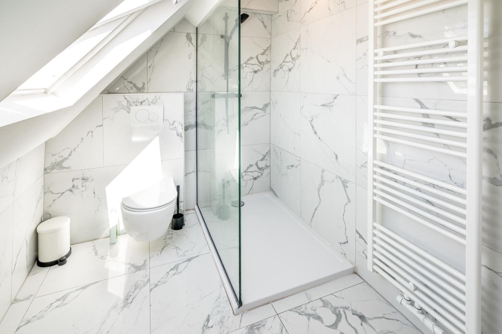 Shower, hair dryer, bidet, towels
