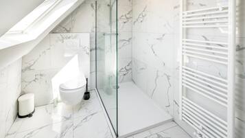 Shower, hair dryer, bidet, towels