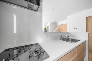 Geladeira, micro-ondas, cooktop, talheres/pratos/utensílios de cozinha
