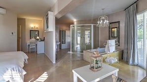 Habitación de hotel con cama, escritorio, ducha, tocador con espejo y ventana con cortinas.